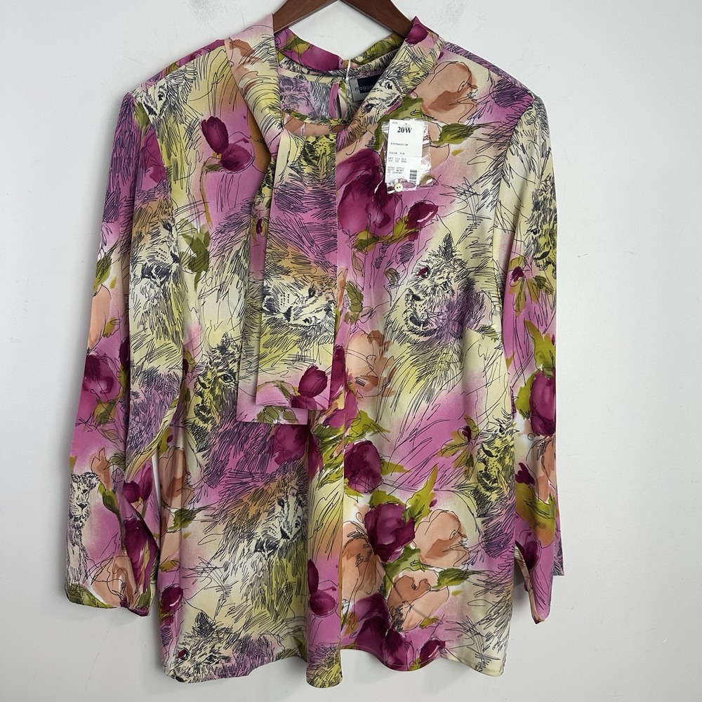 Maggie‎ Barnes Artsy Blouse Long Sleeve 20W Floral Cat Animal Print Neck Tie NWT